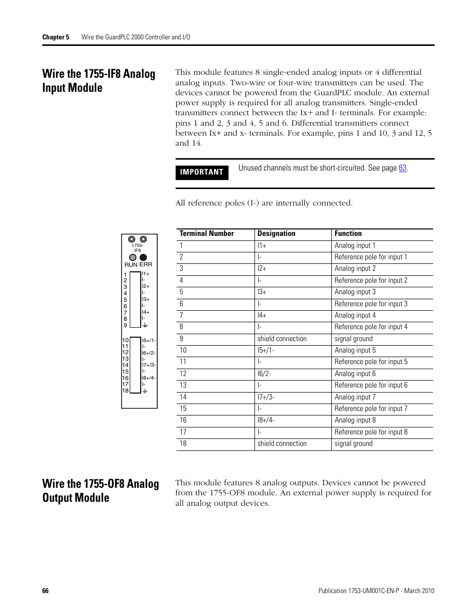 Wire the 1755-if8 analog input module, Wire the 1755-of8 analog output module | Rockwell Automation 1755-OF8 GuardPLC Controller Systems User Manual | Page 66 / 356