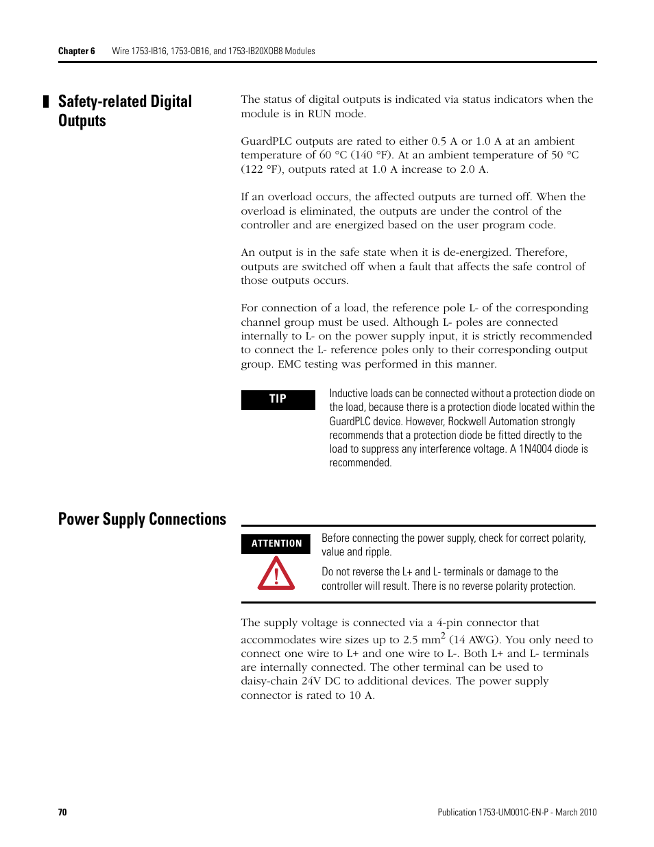 Safety-related digital outputs, Power supply connections | Rockwell Automation 1755-OF8 GuardPLC Controller Systems User Manual | Page 70 / 356