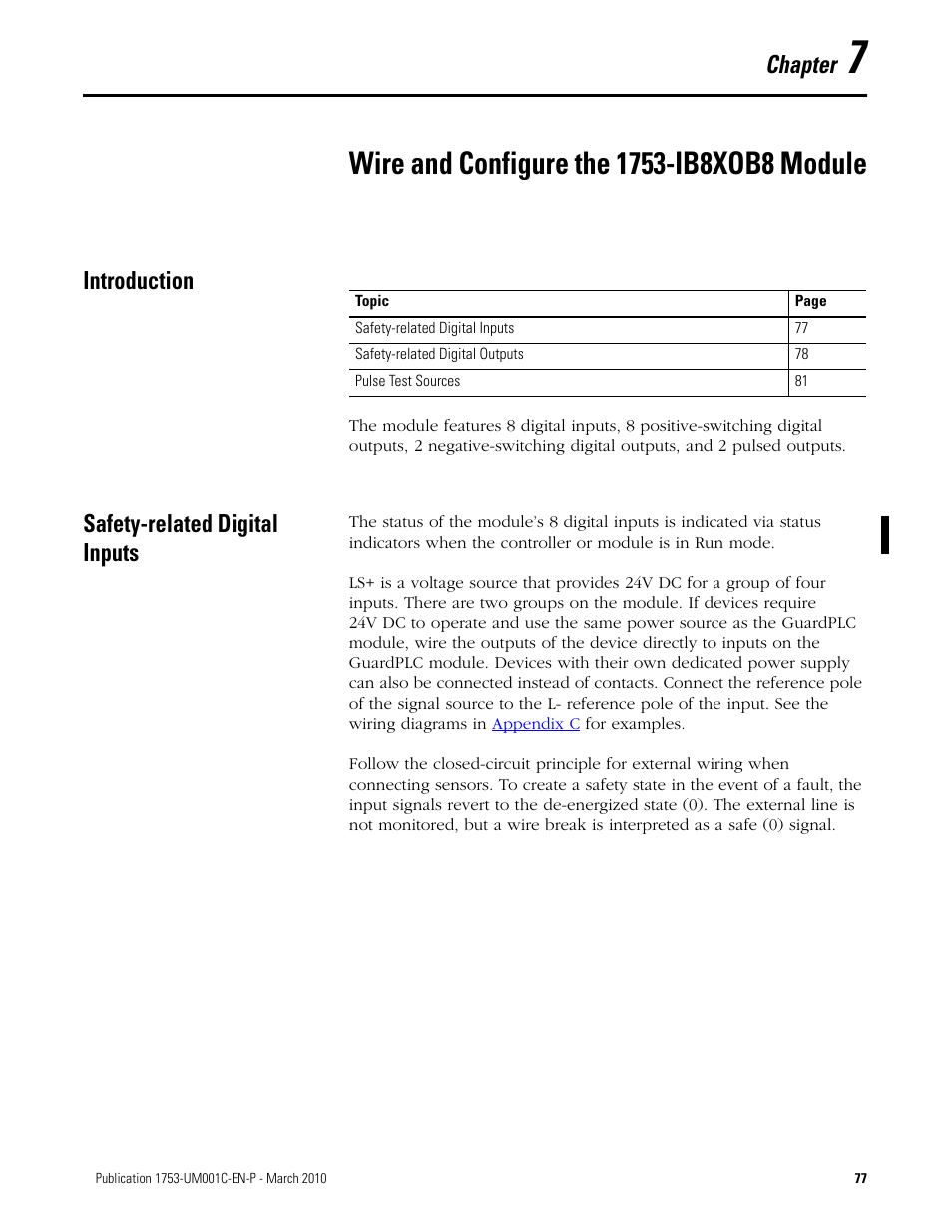7 - wire and configure the 1753-ib8xob8 module, Introduction, Safety-related digital inputs | Chapter 7, Wire and configure the 1753-ib8xob8 module, Introduction safety-related digital inputs, Chapter | Rockwell Automation 1755-OF8 GuardPLC Controller Systems User Manual | Page 77 / 356