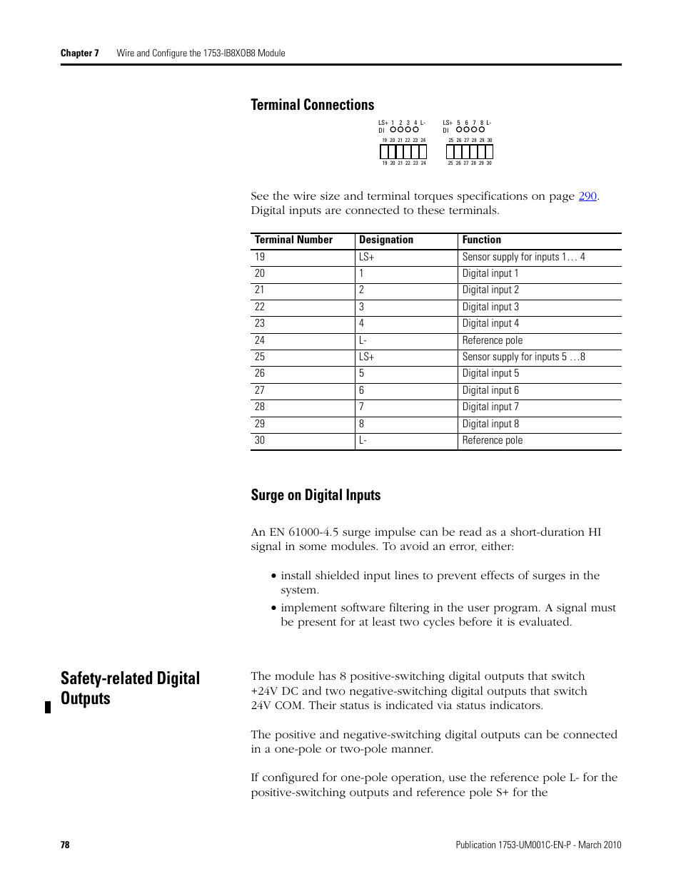 Safety-related digital outputs, Terminal connections surge on digital inputs, Terminal connections | Surge on digital inputs | Rockwell Automation 1755-OF8 GuardPLC Controller Systems User Manual | Page 78 / 356