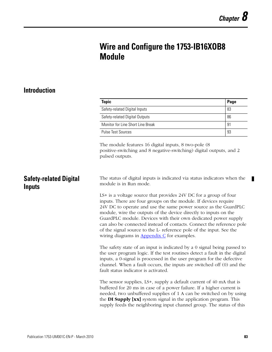 8 - wire and configure the 1753-ib16xob8 module, Introduction, Safety-related digital inputs | Chapter 8, Wire and configure the 1753-ib16xob8 module, Introduction safety-related digital inputs, Chapter | Rockwell Automation 1755-OF8 GuardPLC Controller Systems User Manual | Page 83 / 356