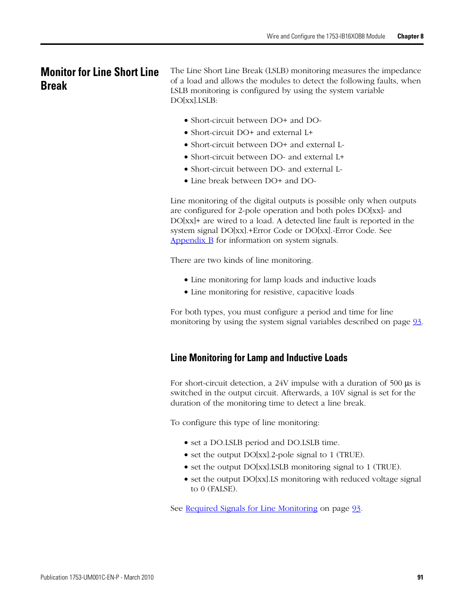 Monitor for line short line break, Line monitoring for lamp and inductive loads | Rockwell Automation 1755-OF8 GuardPLC Controller Systems User Manual | Page 91 / 356
