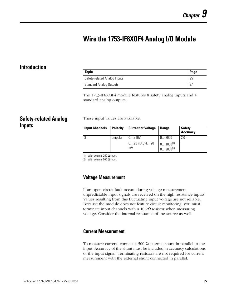 9 - wire the 1753-if8xof4 analog i/o module, Introduction, Safety-related analog inputs | Chapter 9, Wire the 1753-if8xof4 analog i/o module, Introduction safety-related analog inputs, Voltage measurement current measurement, Chapter, Voltage measurement, Current measurement | Rockwell Automation 1755-OF8 GuardPLC Controller Systems User Manual | Page 95 / 356