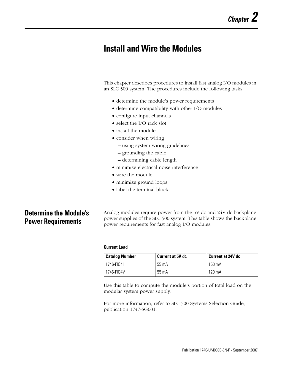 2 - install and wire the modules, Determine the module’s power requirements, Chapter 2 | Install and wire the modules, Chapter | Rockwell Automation 1746-FIO4V SLC 500 Fast Analog I/O/ User Manual User Manual | Page 11 / 94