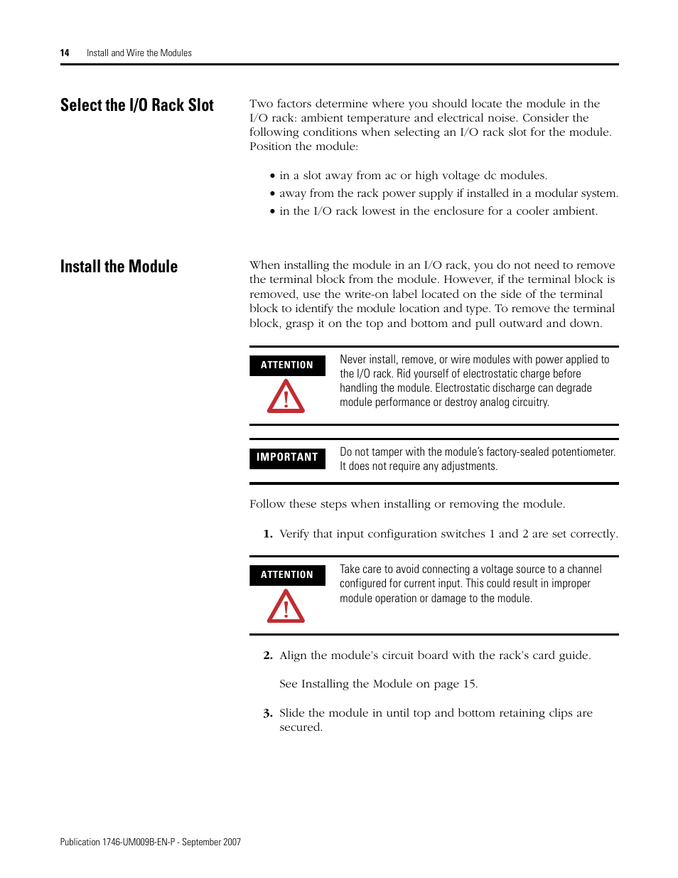 Select the i/o rack slot, Install the module, Select the i/o rack slot install the module | Rockwell Automation 1746-FIO4V SLC 500 Fast Analog I/O/ User Manual User Manual | Page 14 / 94