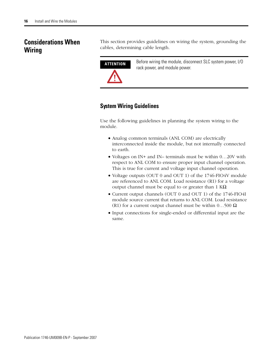 Considerations when wiring, System wiring guidelines | Rockwell Automation 1746-FIO4V SLC 500 Fast Analog I/O/ User Manual User Manual | Page 16 / 94