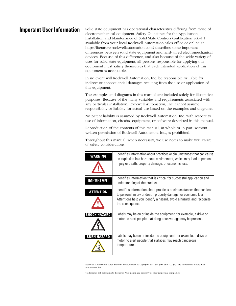 Important user information | Rockwell Automation 1746-FIO4V SLC 500 Fast Analog I/O/ User Manual User Manual | Page 2 / 94