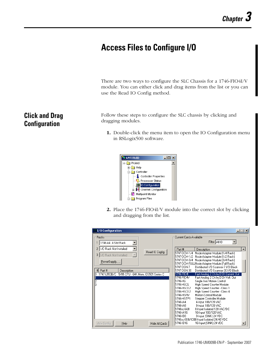 3 - access files to configure i/o, Click and drag configuration, Chapter 3 | Access files to configure i/o | Rockwell Automation 1746-FIO4V SLC 500 Fast Analog I/O/ User Manual User Manual | Page 23 / 94