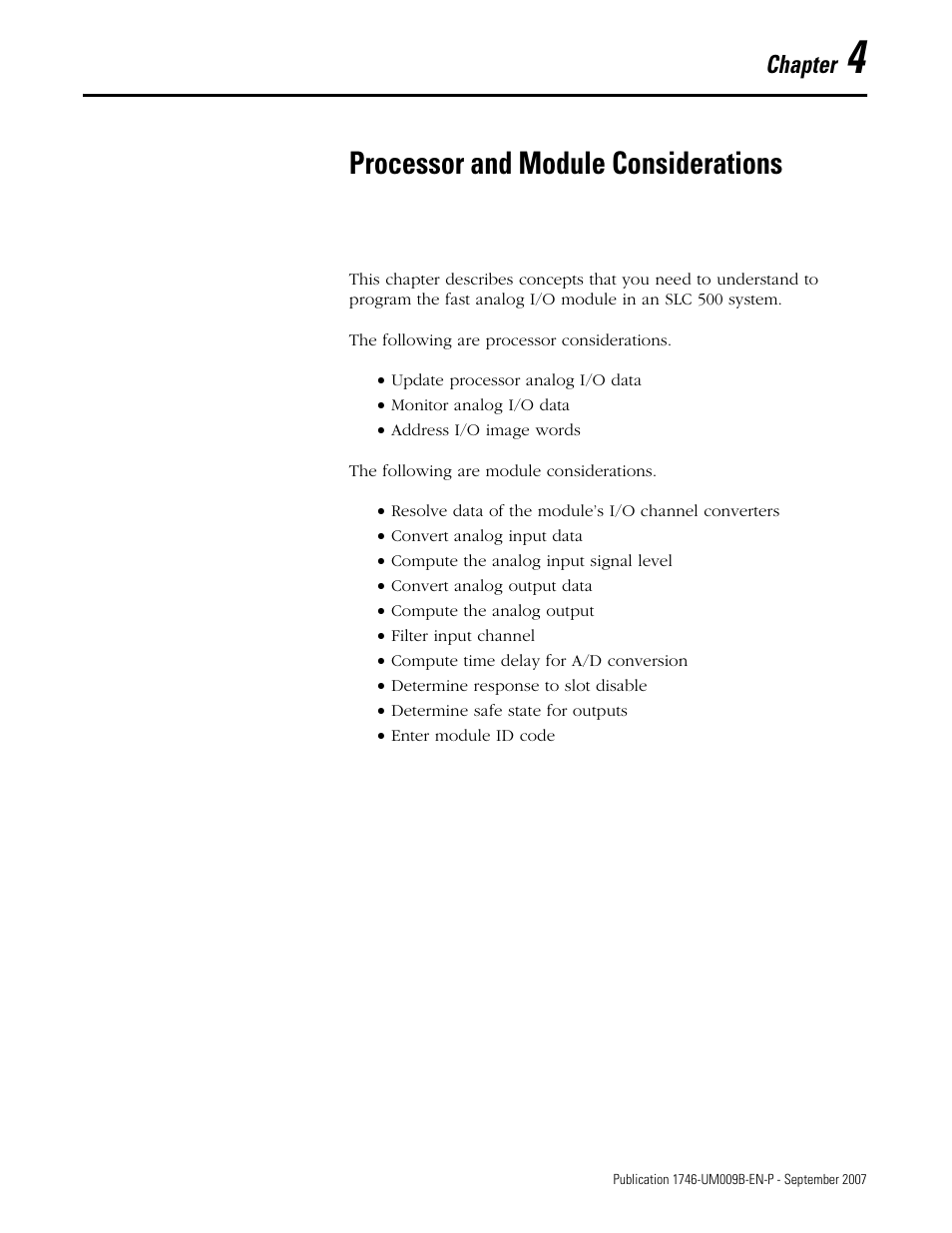 4 - processor and module considerations, Chapter 4, Processor and module considerations | Rockwell Automation 1746-FIO4V SLC 500 Fast Analog I/O/ User Manual User Manual | Page 29 / 94