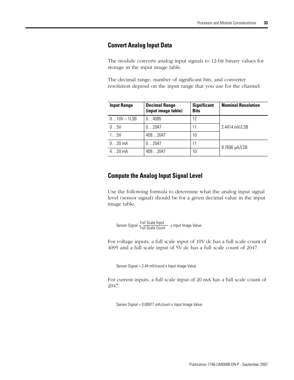 Convert analog input data, Compute the analog input signal level | Rockwell Automation 1746-FIO4V SLC 500 Fast Analog I/O/ User Manual User Manual | Page 33 / 94