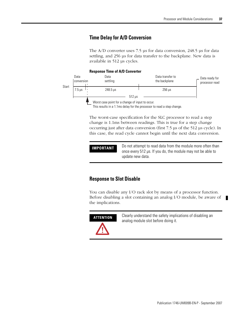 Time delay for a/d conversion, Response to slot disable | Rockwell Automation 1746-FIO4V SLC 500 Fast Analog I/O/ User Manual User Manual | Page 37 / 94