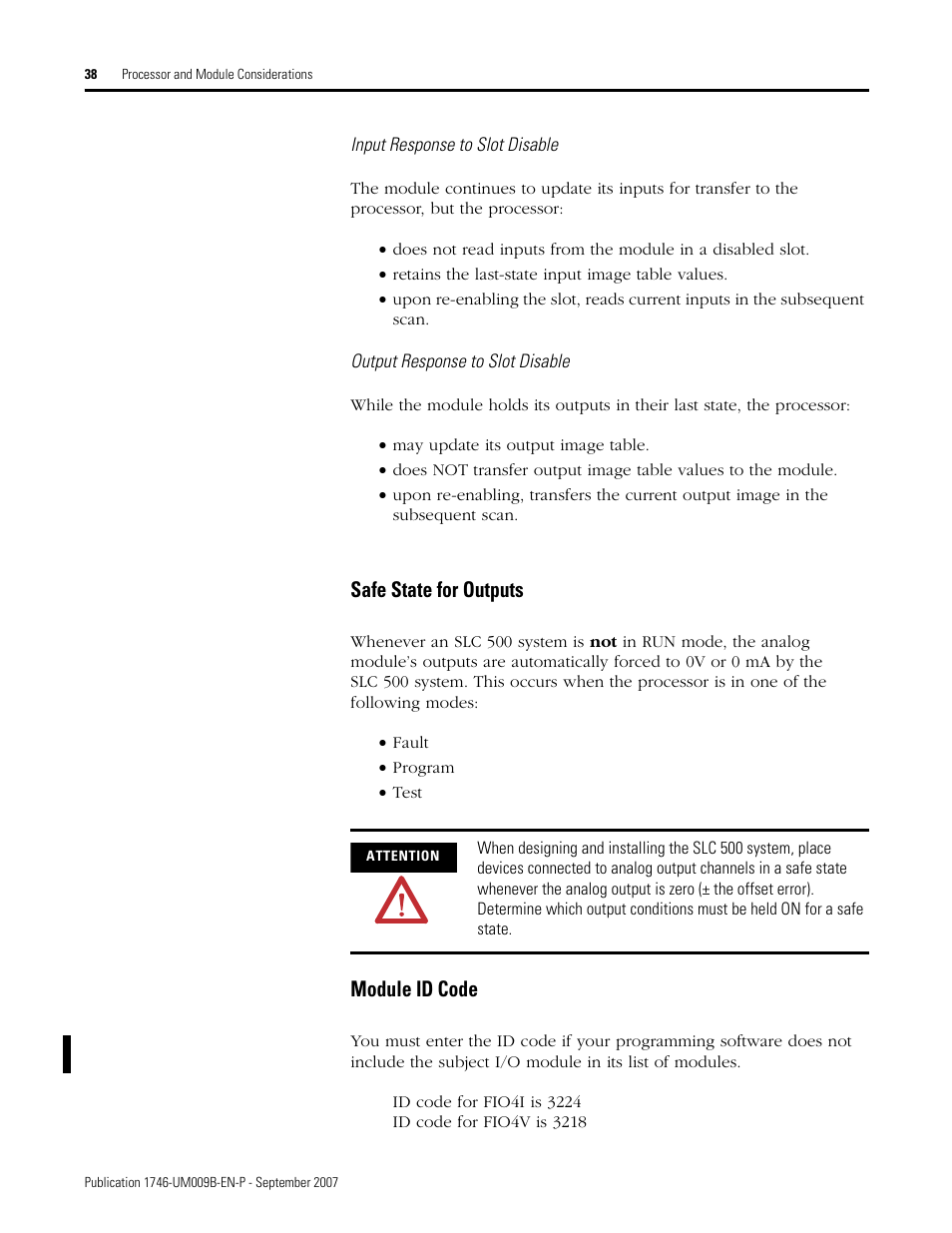 Safe state for outputs, Module id code | Rockwell Automation 1746-FIO4V SLC 500 Fast Analog I/O/ User Manual User Manual | Page 38 / 94