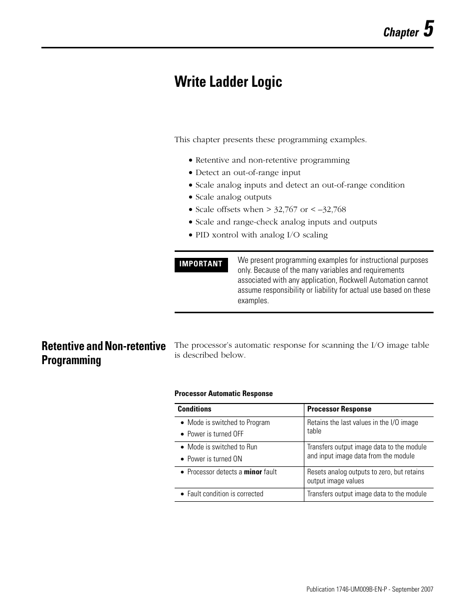 5 - write ladder logic, Retentive and non-retentive programming, Chapter 5 | Write ladder logic, Chapter | Rockwell Automation 1746-FIO4V SLC 500 Fast Analog I/O/ User Manual User Manual | Page 39 / 94