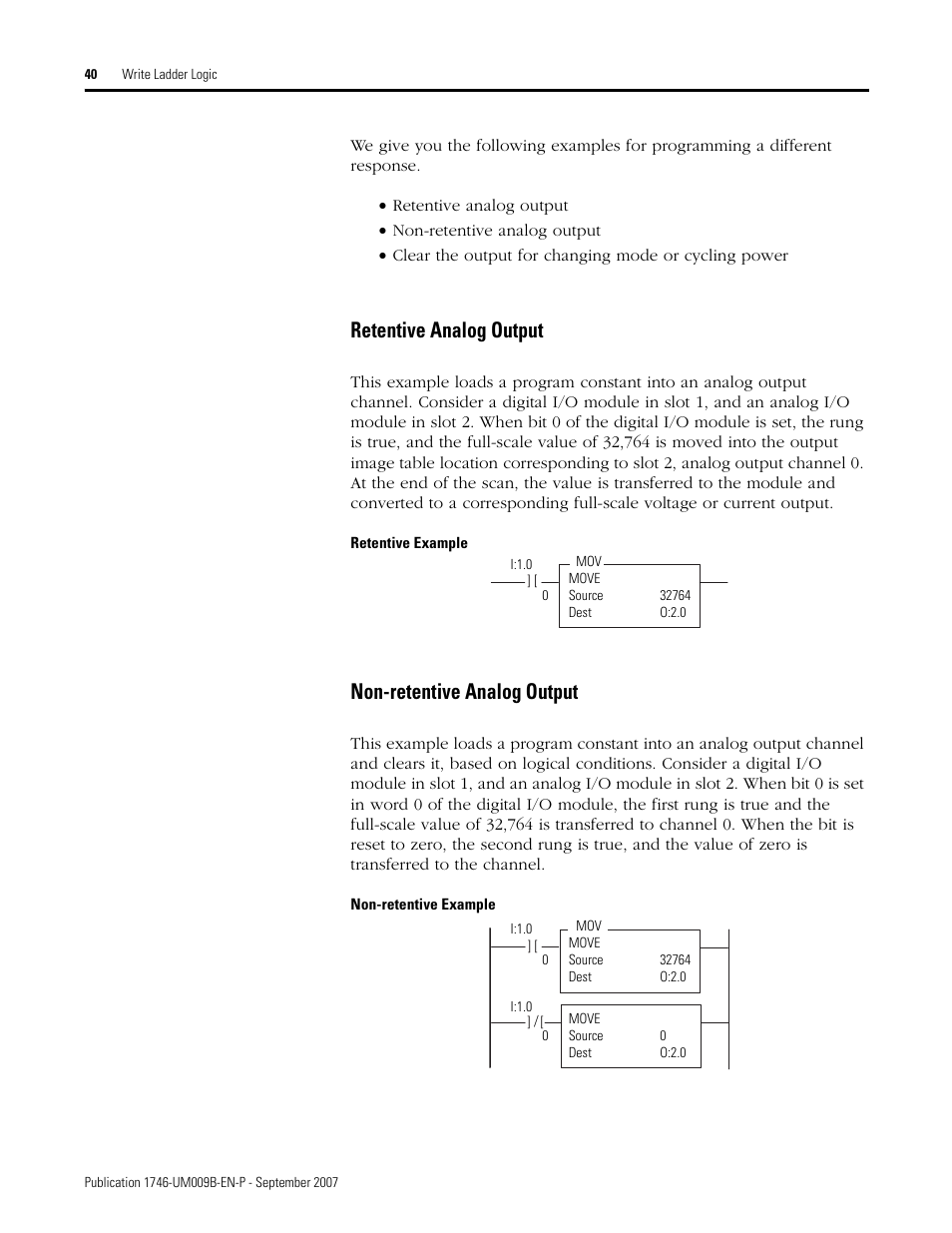 Retentive analog output, Non-retentive analog output | Rockwell Automation 1746-FIO4V SLC 500 Fast Analog I/O/ User Manual User Manual | Page 40 / 94