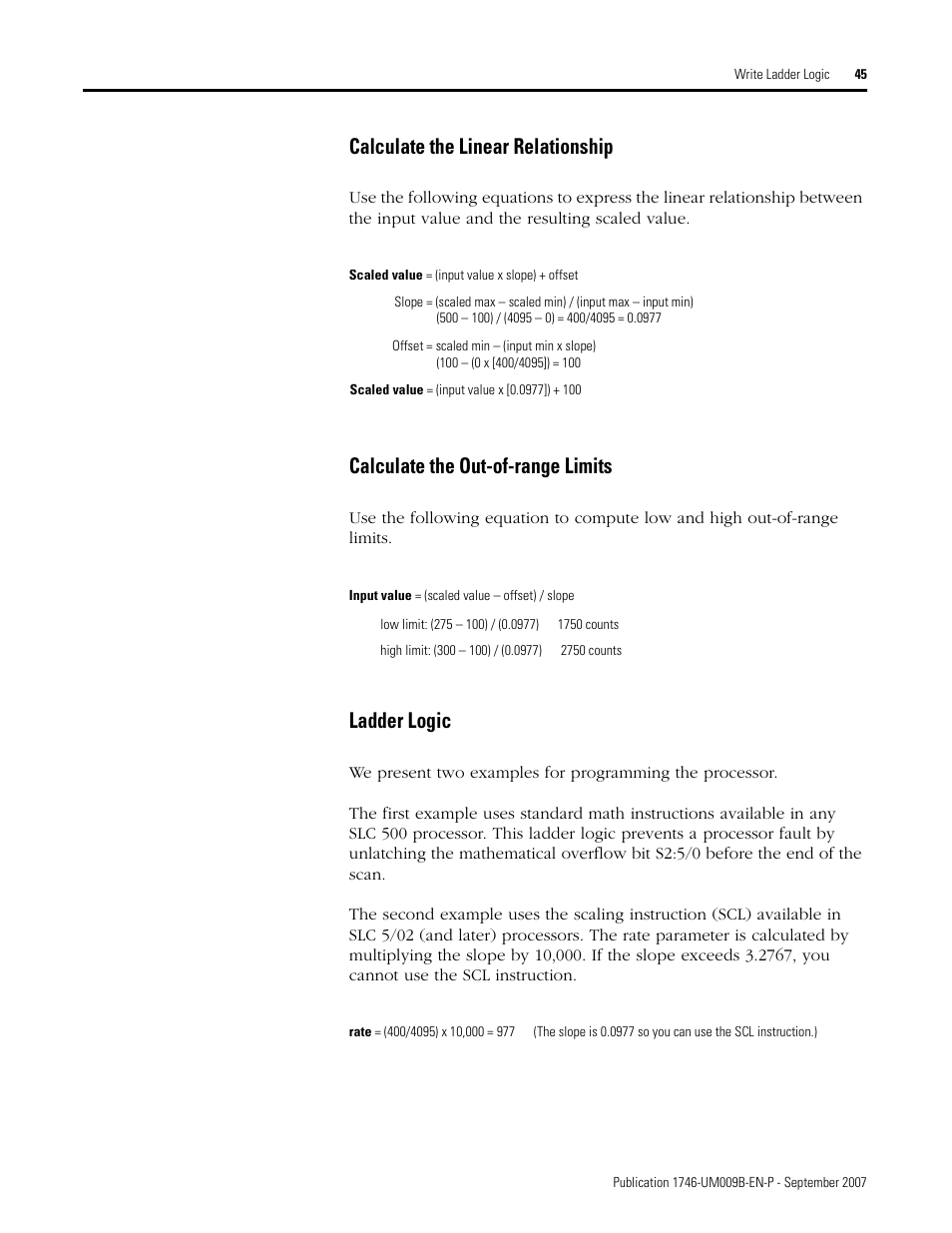 Calculate the linear relationship, Calculate the out-of-range limits, Ladder logic | Rockwell Automation 1746-FIO4V SLC 500 Fast Analog I/O/ User Manual User Manual | Page 45 / 94