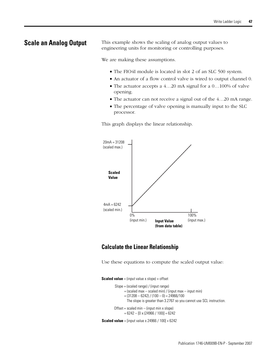 Scale an analog output, Calculate the linear relationship | Rockwell Automation 1746-FIO4V SLC 500 Fast Analog I/O/ User Manual User Manual | Page 47 / 94