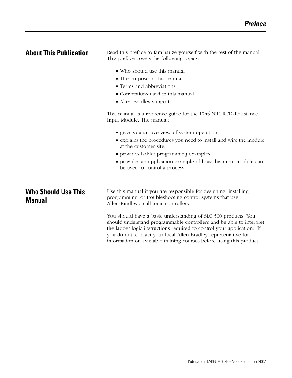Preface, About this publication, Who should use this manual | About this publication who should use this manual, Preface about this publication | Rockwell Automation 1746-FIO4V SLC 500 Fast Analog I/O/ User Manual User Manual | Page 5 / 94