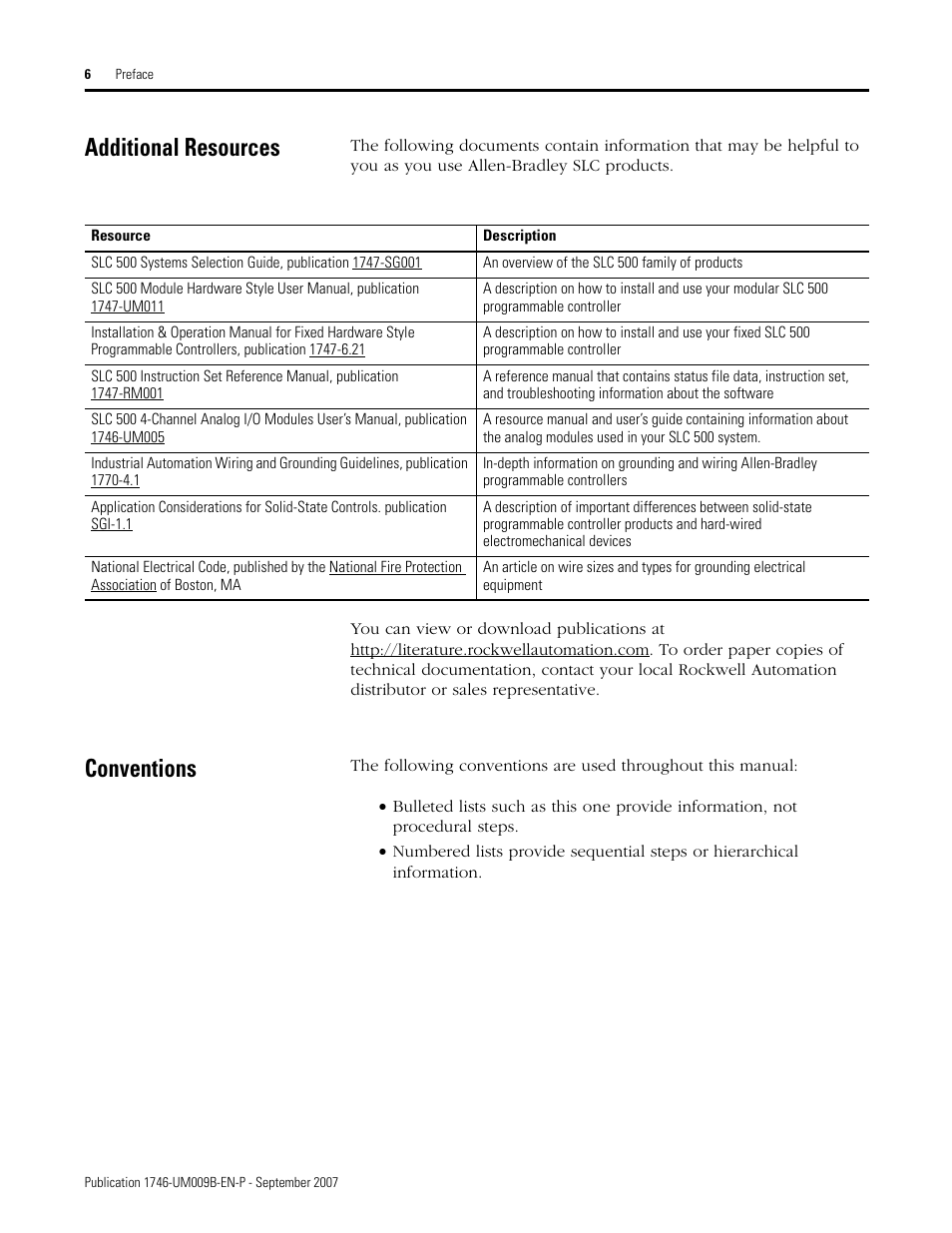 Additional resources, Conventions | Rockwell Automation 1746-FIO4V SLC 500 Fast Analog I/O/ User Manual User Manual | Page 6 / 94