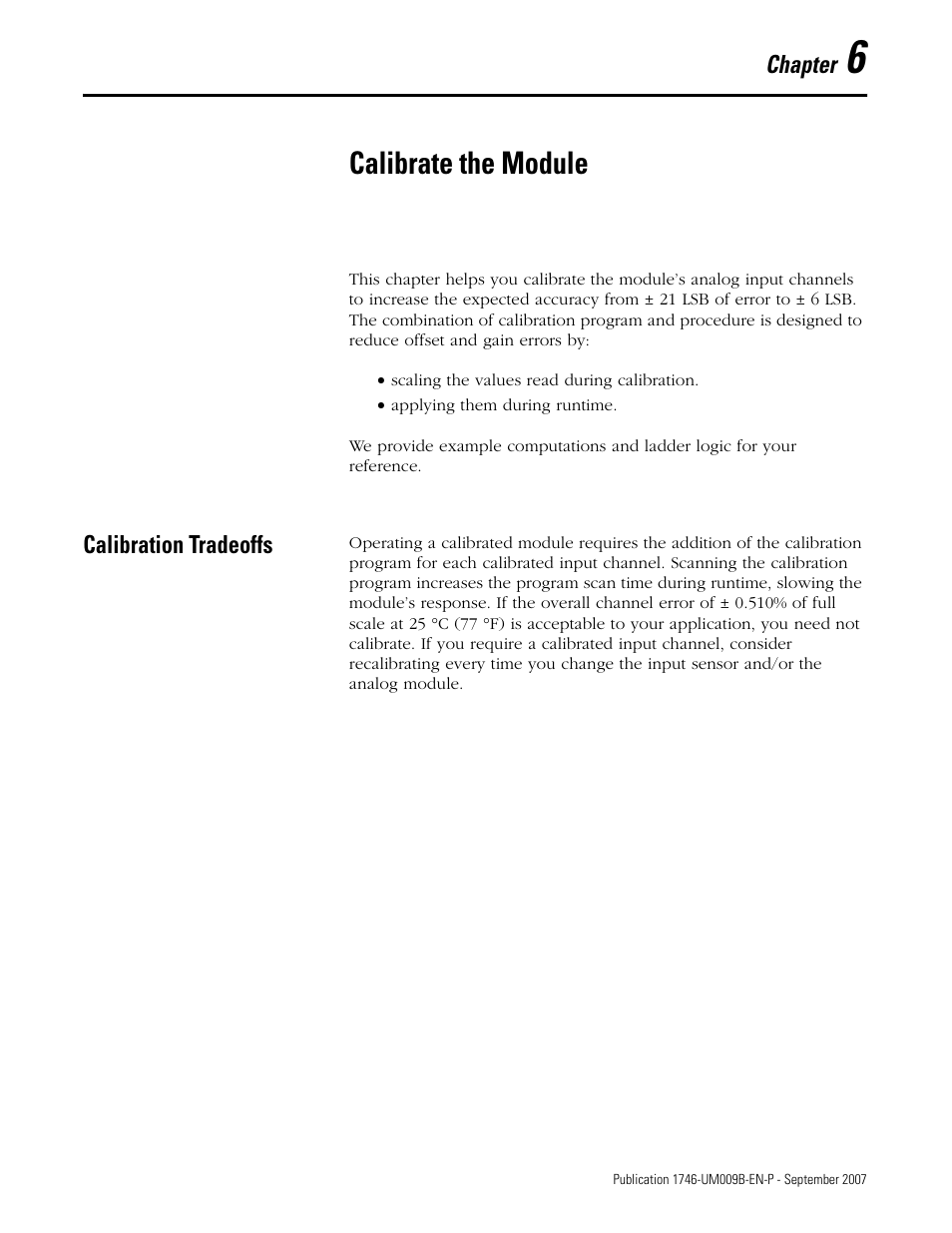 6 - calibrate the module, Calibration tradeoffs, Chapter 6 | Calibrate the module | Rockwell Automation 1746-FIO4V SLC 500 Fast Analog I/O/ User Manual User Manual | Page 61 / 94