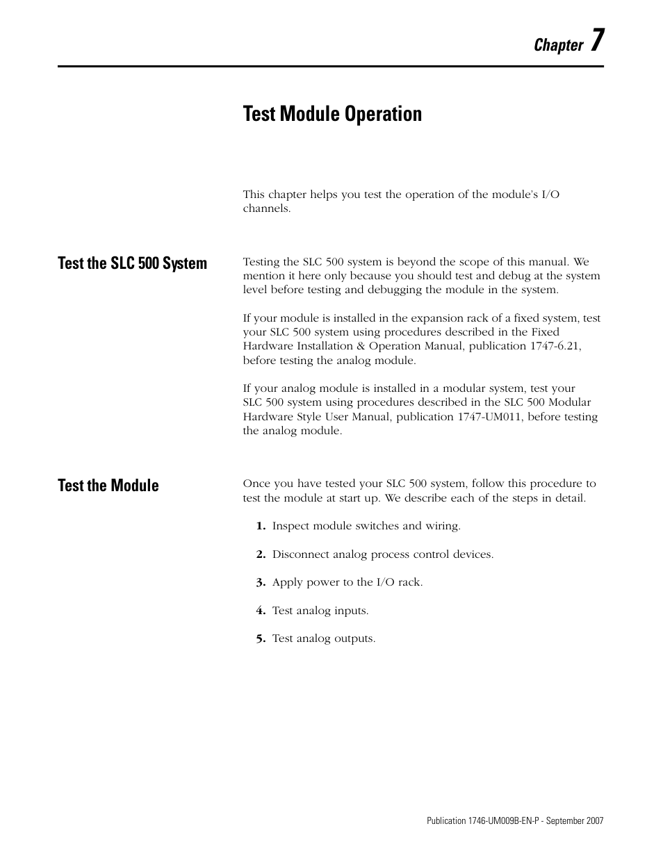 7 - test module operation, Test the slc 500 system, Test the module | Chapter 7, Test module operation, Test the slc 500 system test the module, Chapter | Rockwell Automation 1746-FIO4V SLC 500 Fast Analog I/O/ User Manual User Manual | Page 67 / 94