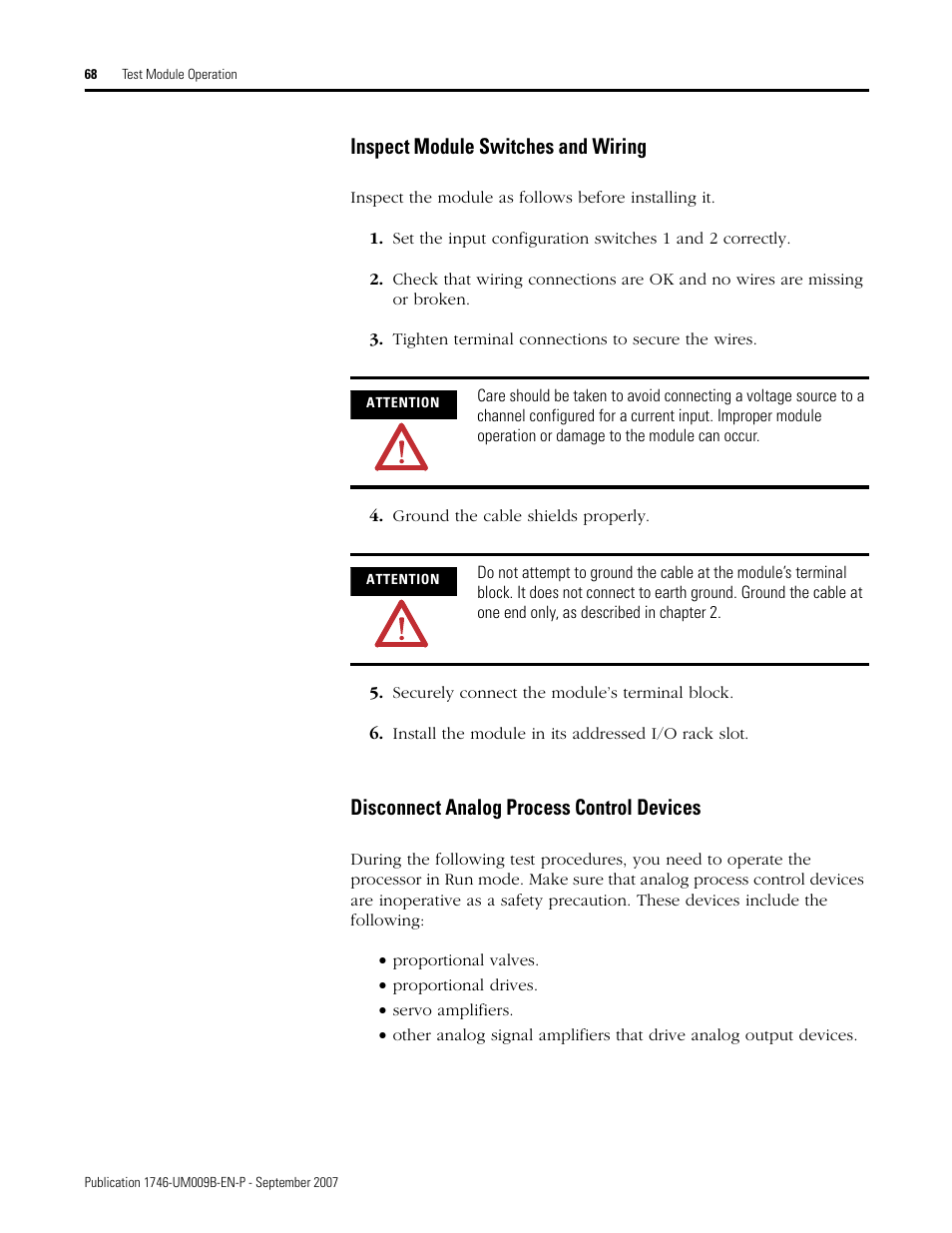 Inspect module switches and wiring, Disconnect analog process control devices | Rockwell Automation 1746-FIO4V SLC 500 Fast Analog I/O/ User Manual User Manual | Page 68 / 94