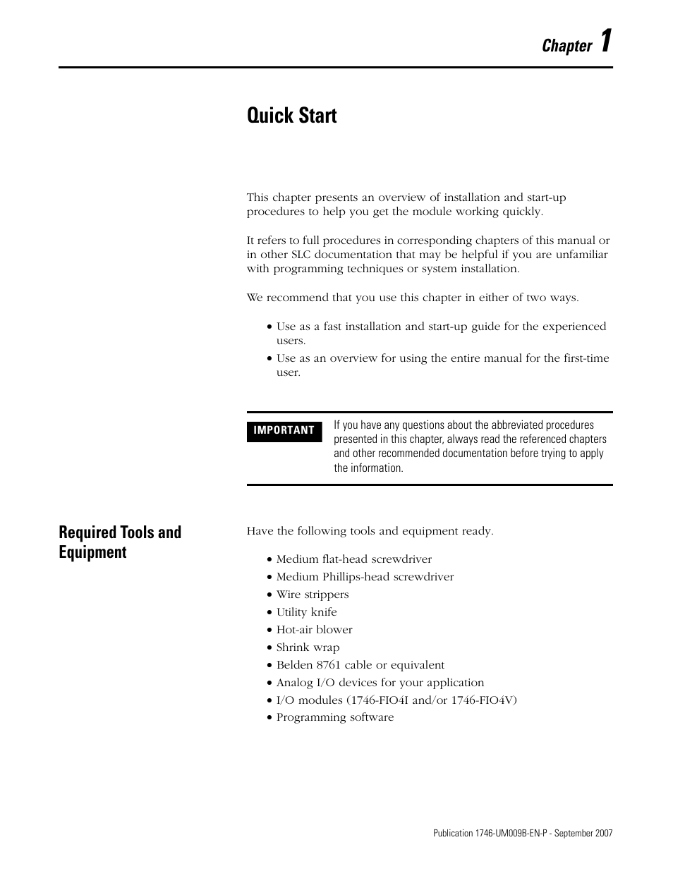 1 - quick start, Required tools and equipment, Chapter 1 | Quick start, Chapter | Rockwell Automation 1746-FIO4V SLC 500 Fast Analog I/O/ User Manual User Manual | Page 7 / 94