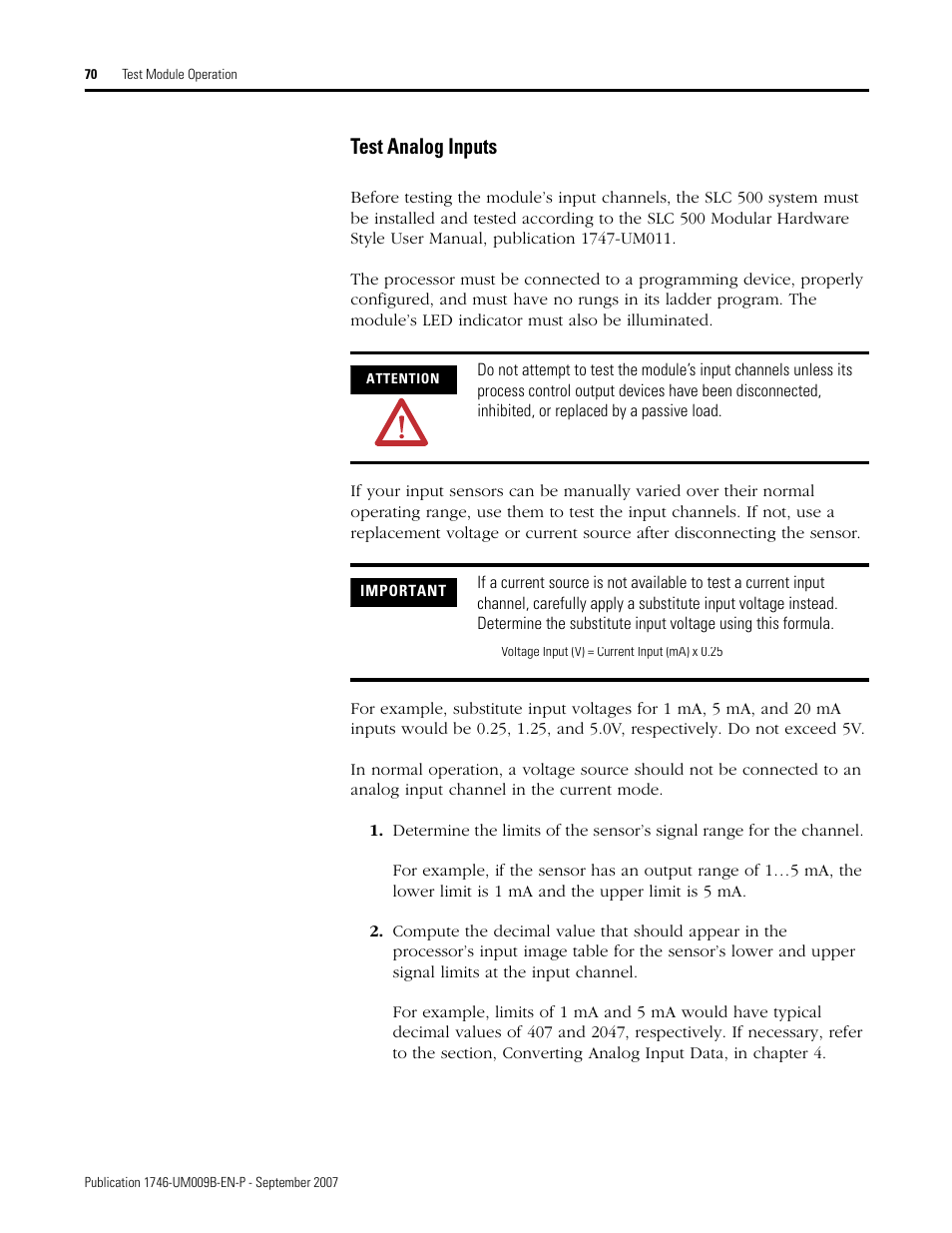 Test analog inputs | Rockwell Automation 1746-FIO4V SLC 500 Fast Analog I/O/ User Manual User Manual | Page 70 / 94