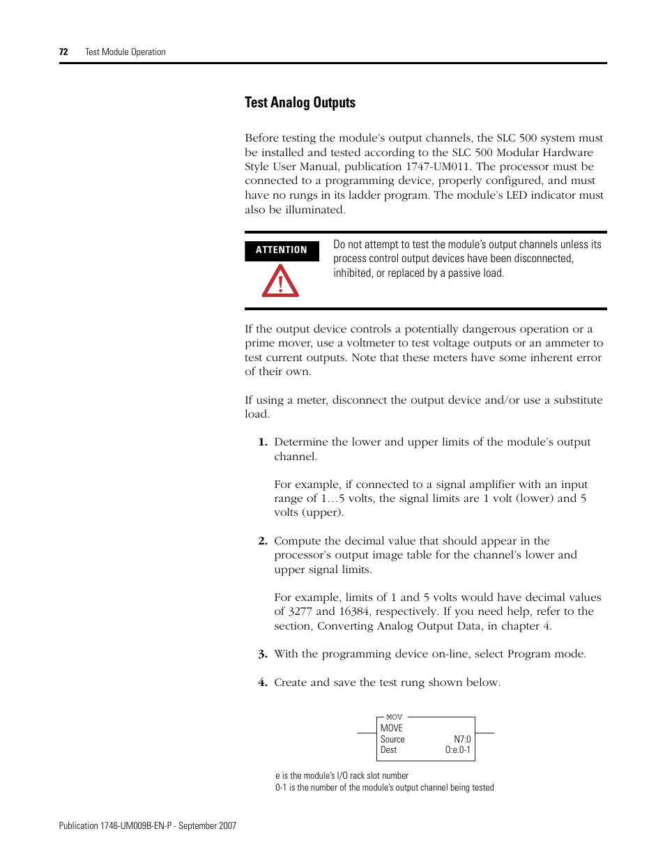Test analog outputs | Rockwell Automation 1746-FIO4V SLC 500 Fast Analog I/O/ User Manual User Manual | Page 72 / 94