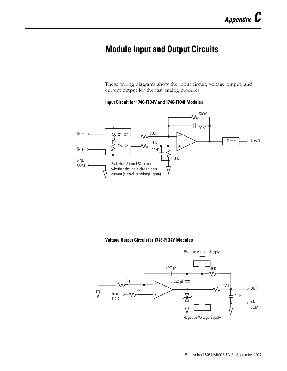 C - module input and output circuits, Appendix c, Module input and output circuits | Appendix | Rockwell Automation 1746-FIO4V SLC 500 Fast Analog I/O/ User Manual User Manual | Page 87 / 94