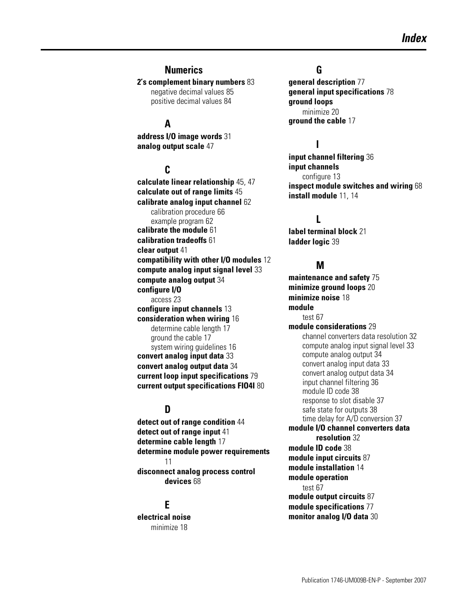 Index, Numerics | Rockwell Automation 1746-FIO4V SLC 500 Fast Analog I/O/ User Manual User Manual | Page 89 / 94