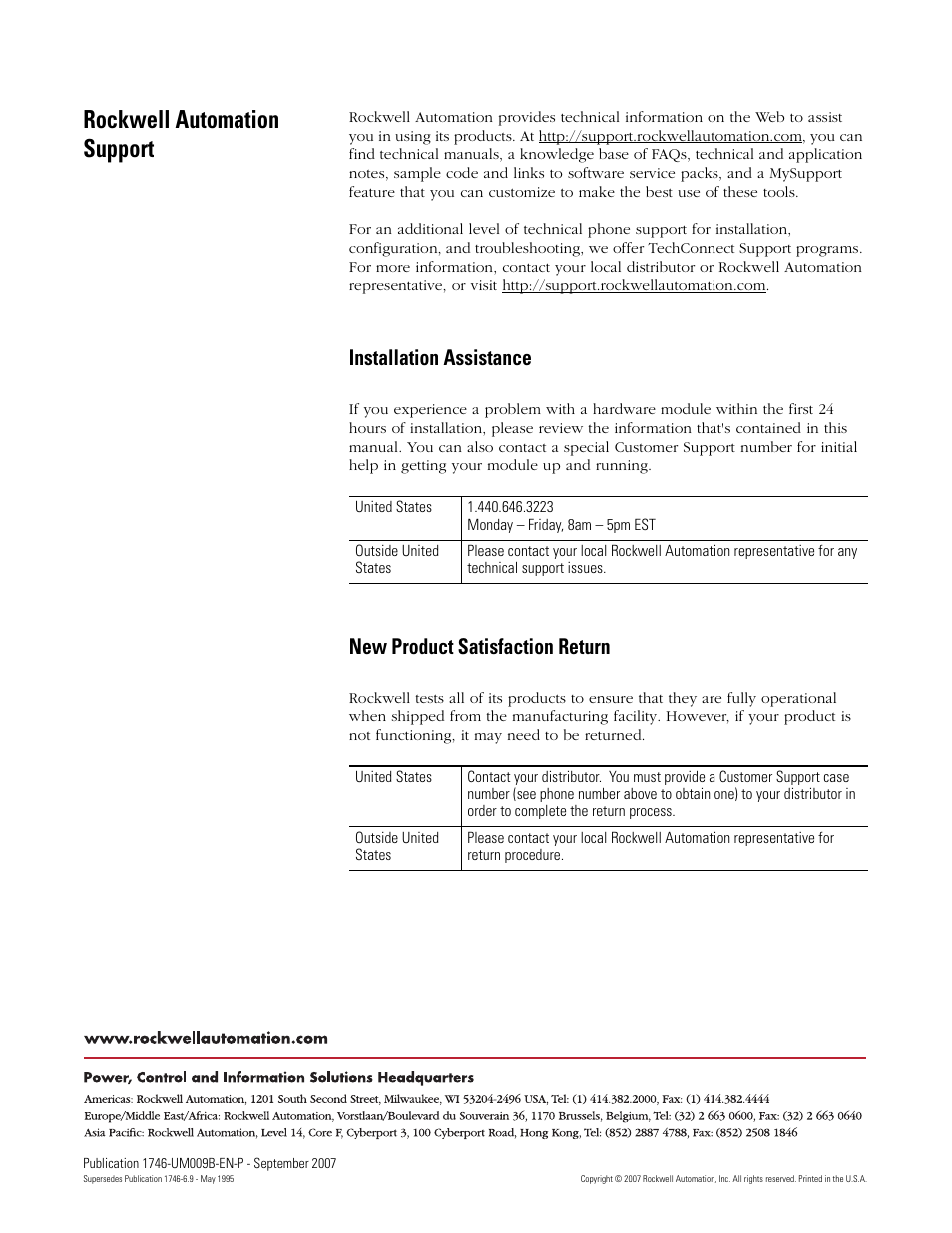 Back cover, Rockwell automation support, Installation assistance | New product satisfaction return | Rockwell Automation 1746-FIO4V SLC 500 Fast Analog I/O/ User Manual User Manual | Page 94 / 94