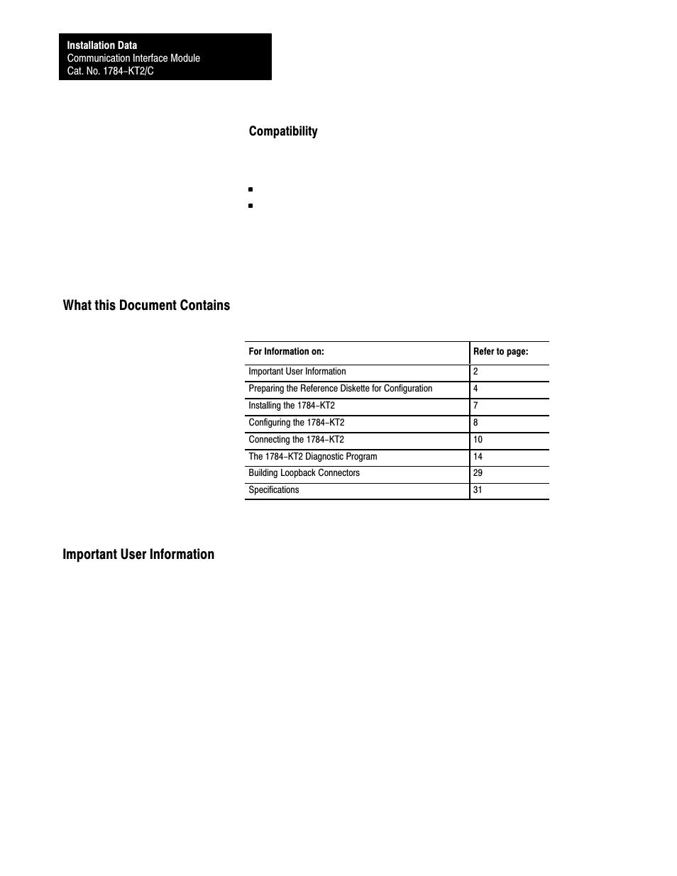 What this document contains, Important user information | Rockwell Automation 1784-KT2/C INST.DATA COMM.INTERFACE MOD. User Manual | Page 2 / 32