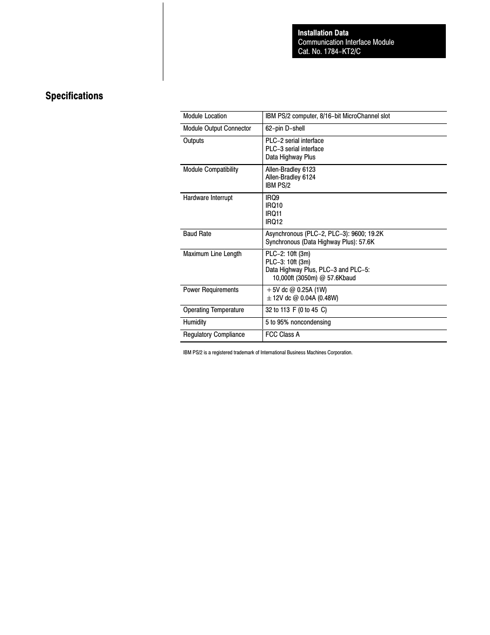 Specifications | Rockwell Automation 1784-KT2/C INST.DATA COMM.INTERFACE MOD. User Manual | Page 31 / 32