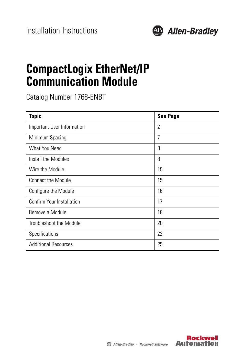 Rockwell Automation 1768-ENBT CompactLogix EtherNet/IP Communication Module Installation Instructions User Manual | 28 pages