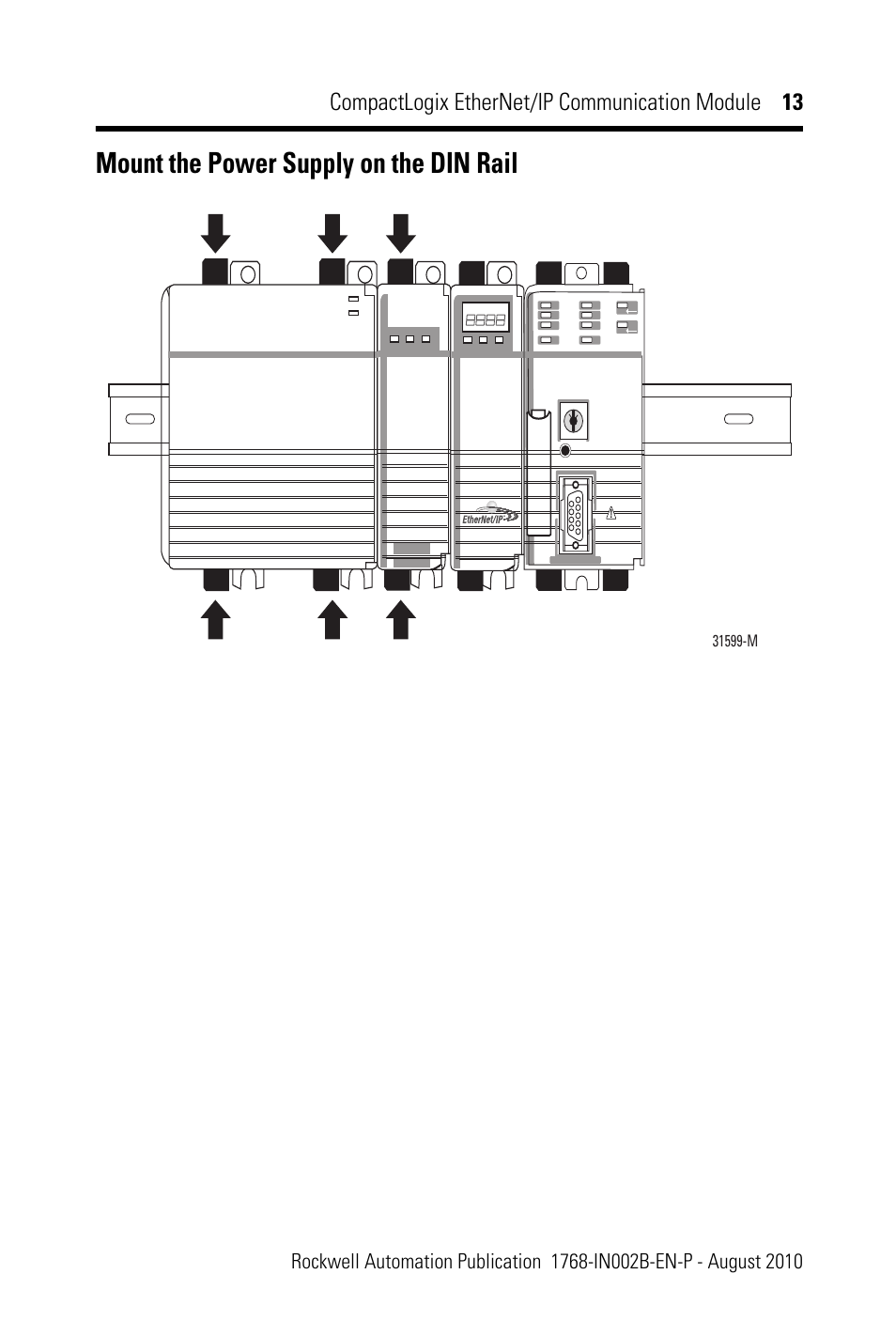 Mount the power supply on the din rail | Rockwell Automation 1768-ENBT CompactLogix EtherNet/IP Communication Module Installation Instructions User Manual | Page 13 / 28