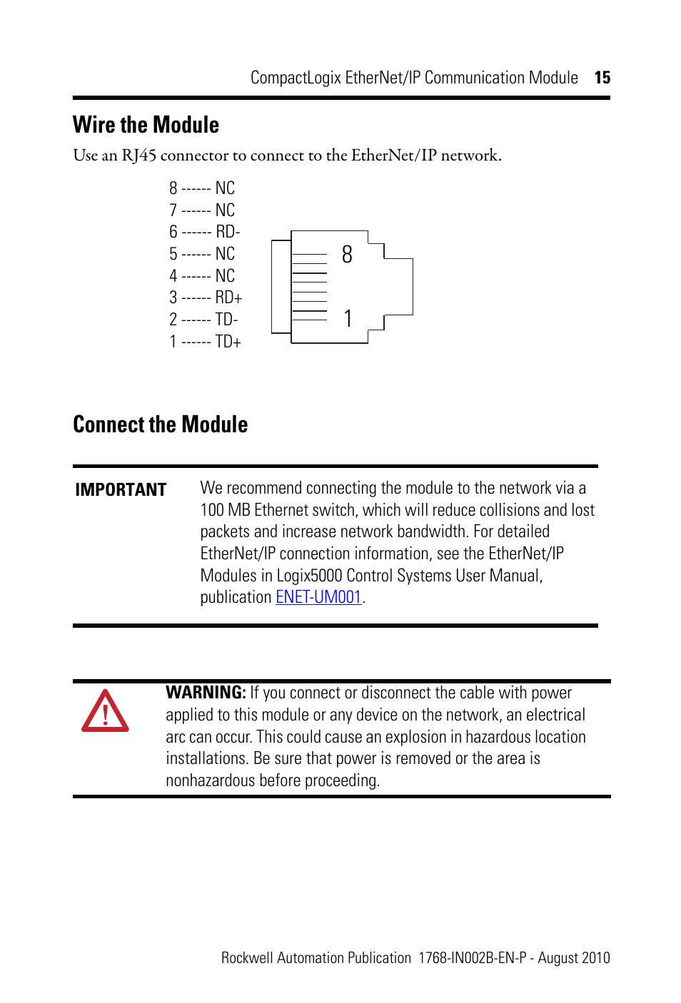 Wire the module, Connect the module | Rockwell Automation 1768-ENBT CompactLogix EtherNet/IP Communication Module Installation Instructions User Manual | Page 15 / 28