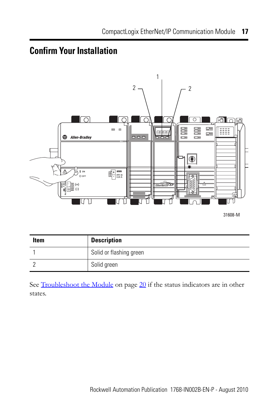 Confirm your installation, Compactlogix ethernet/ip communication module 17 | Rockwell Automation 1768-ENBT CompactLogix EtherNet/IP Communication Module Installation Instructions User Manual | Page 17 / 28
