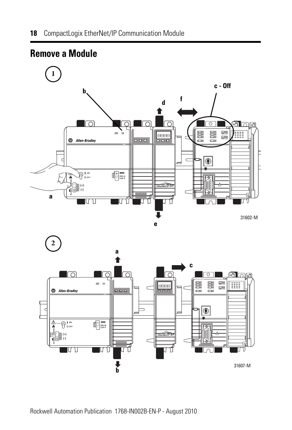 Remove a module, 18 compactlogix ethernet/ip communication module, Ab c | Rockwell Automation 1768-ENBT CompactLogix EtherNet/IP Communication Module Installation Instructions User Manual | Page 18 / 28