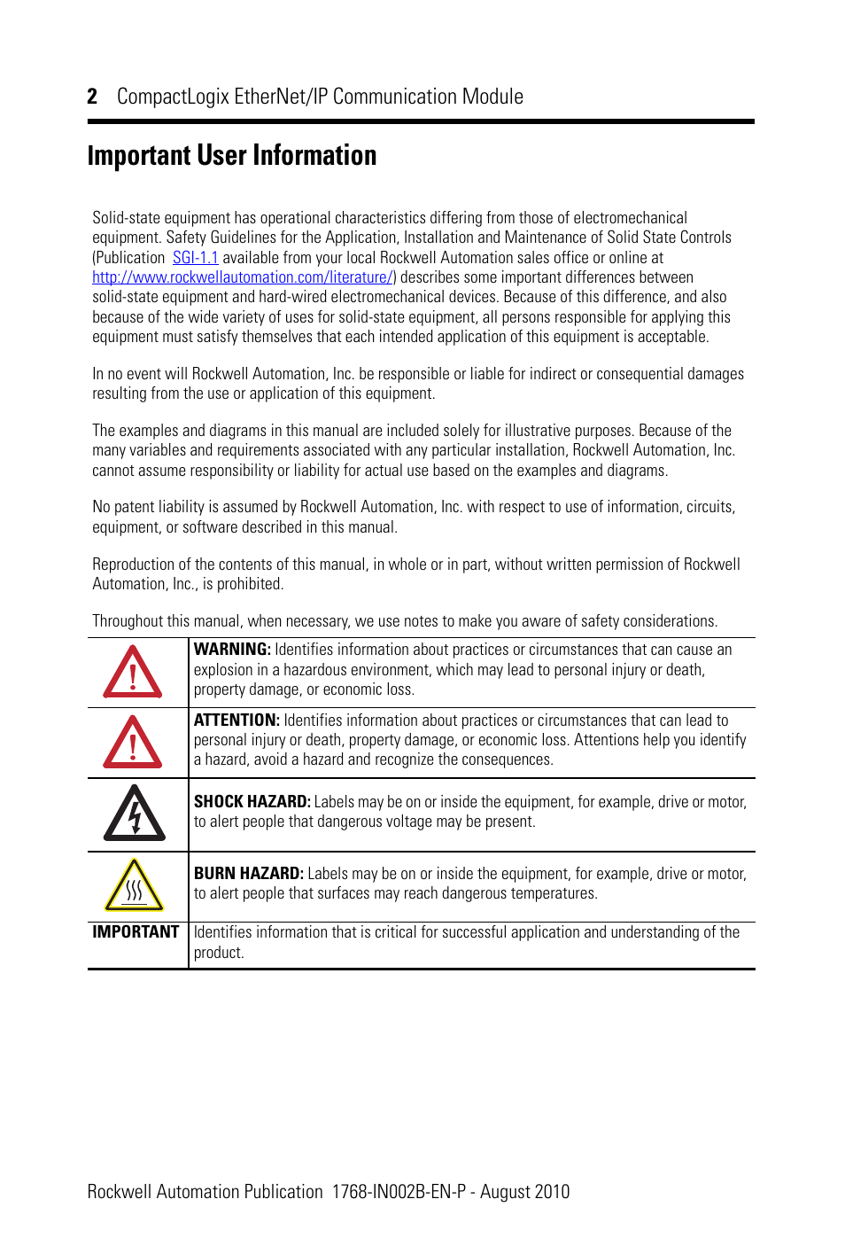 Important user information, Mportant user information, 2 compactlogix ethernet/ip communication module | Rockwell Automation 1768-ENBT CompactLogix EtherNet/IP Communication Module Installation Instructions User Manual | Page 2 / 28