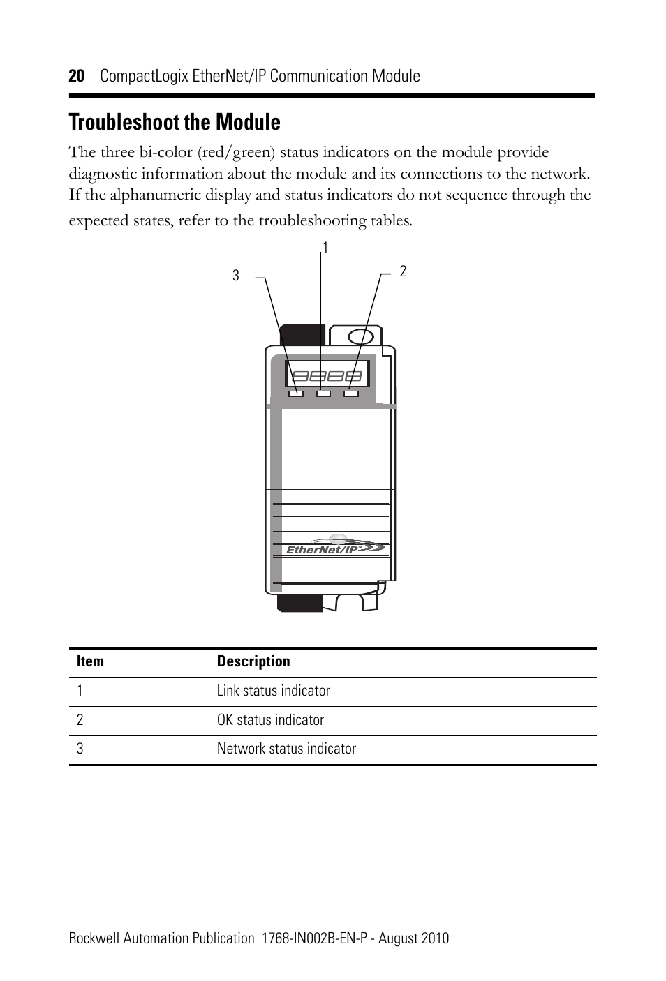 Troubleshoot the module | Rockwell Automation 1768-ENBT CompactLogix EtherNet/IP Communication Module Installation Instructions User Manual | Page 20 / 28