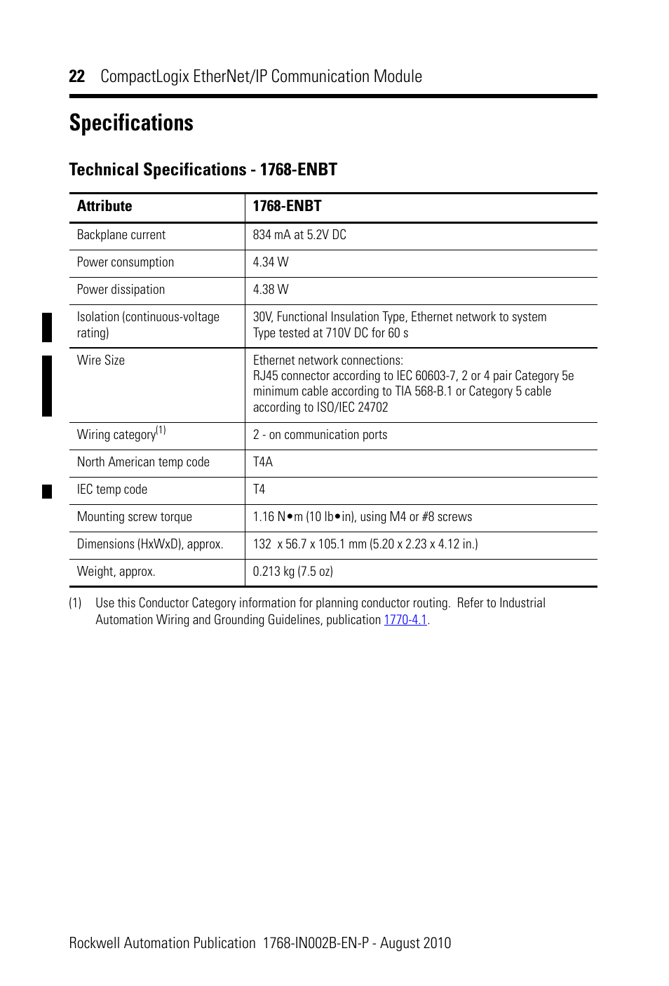 Specifications, 22 compactlogix ethernet/ip communication module, Technical specifications - 1768-enbt | Rockwell Automation 1768-ENBT CompactLogix EtherNet/IP Communication Module Installation Instructions User Manual | Page 22 / 28