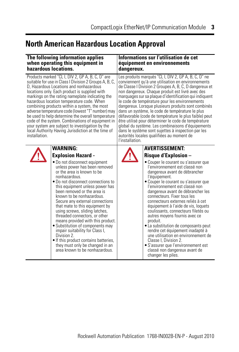 North american hazardous location approval, Compactlogix ethernet/ip communication module 3 | Rockwell Automation 1768-ENBT CompactLogix EtherNet/IP Communication Module Installation Instructions User Manual | Page 3 / 28