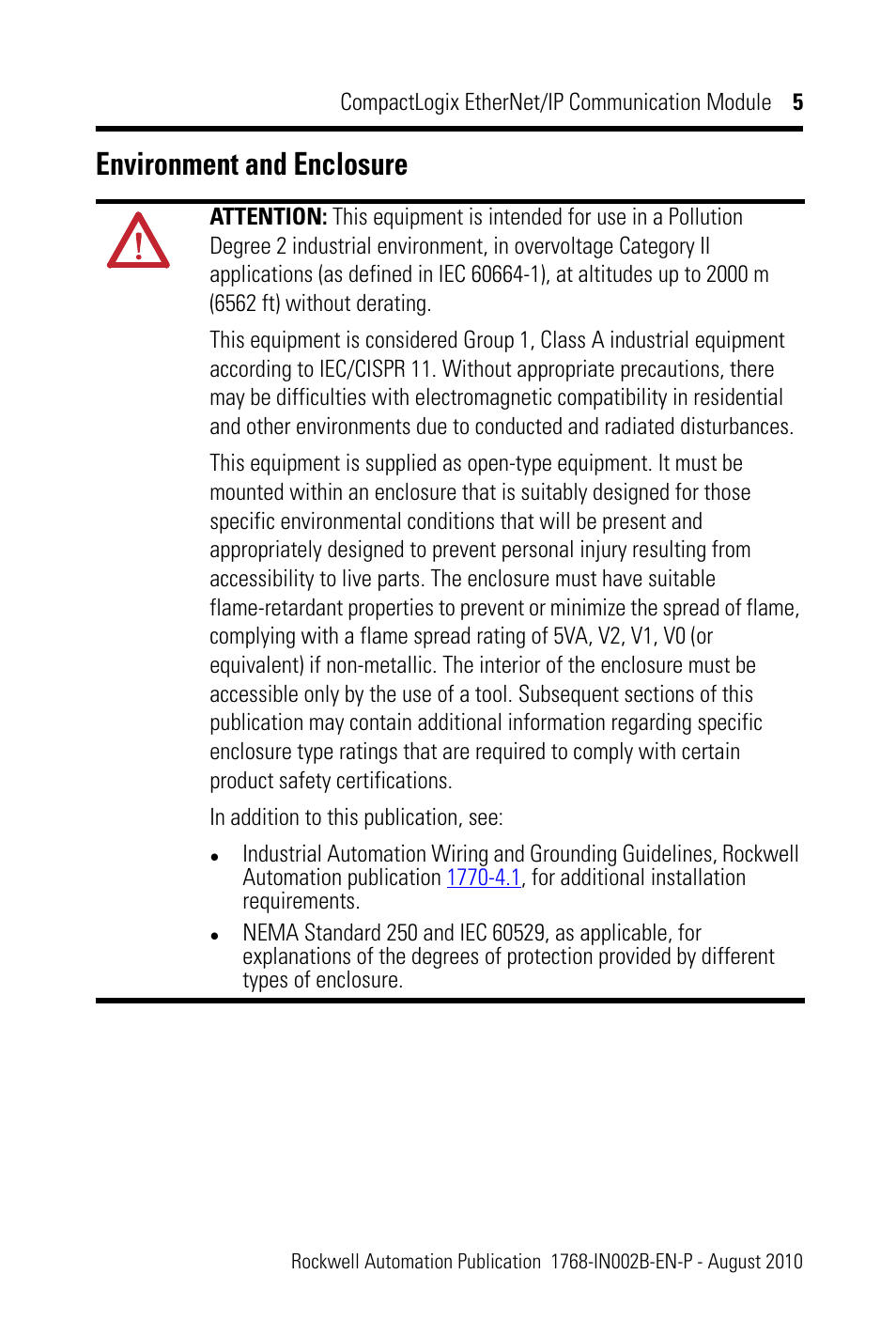 Environment and enclosure | Rockwell Automation 1768-ENBT CompactLogix EtherNet/IP Communication Module Installation Instructions User Manual | Page 5 / 28