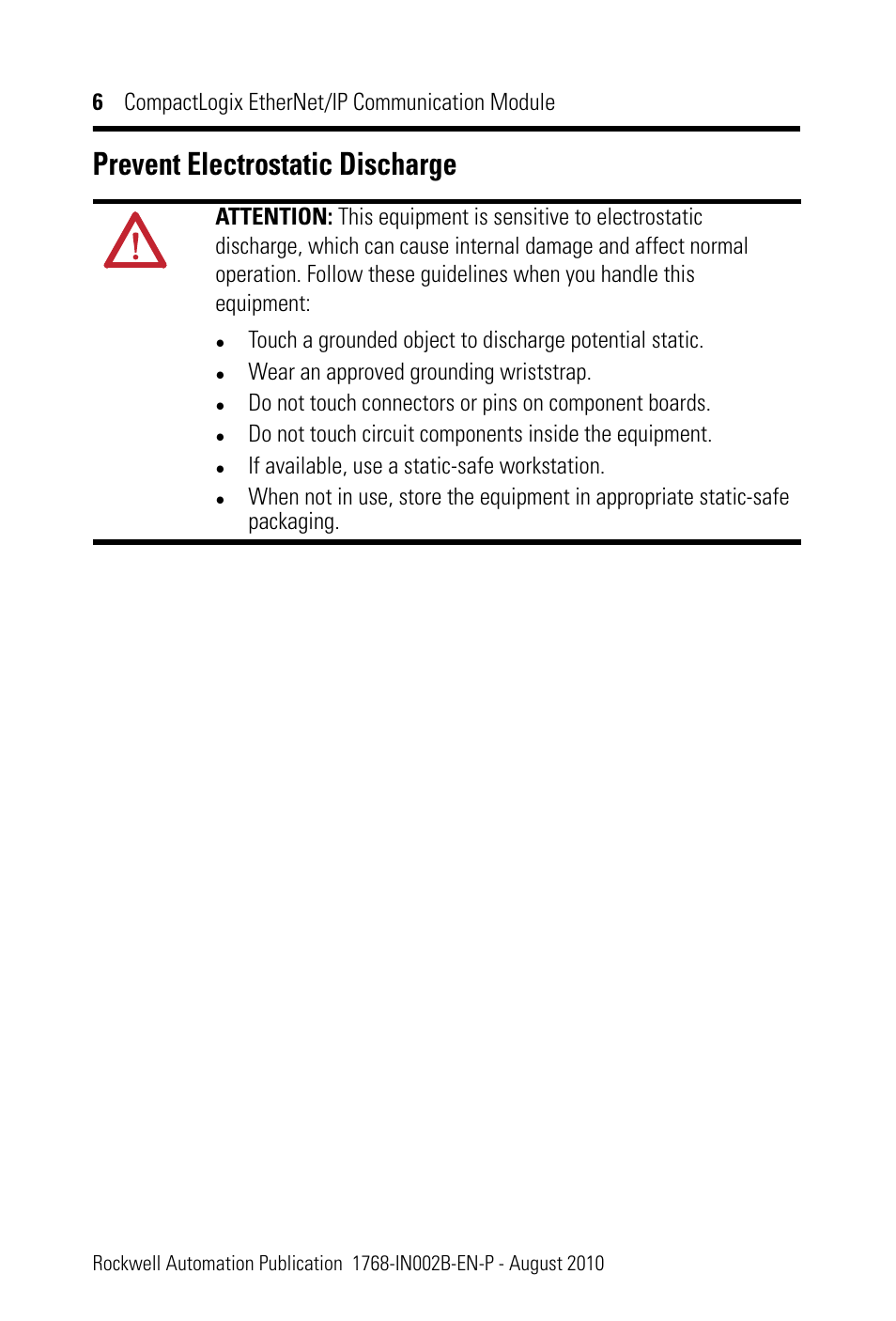Prevent electrostatic discharge | Rockwell Automation 1768-ENBT CompactLogix EtherNet/IP Communication Module Installation Instructions User Manual | Page 6 / 28