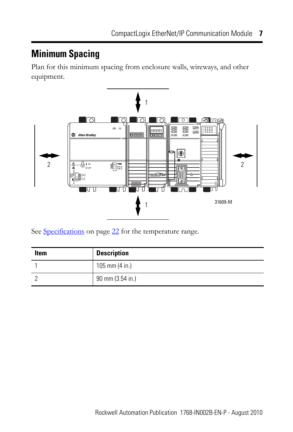 Minimum spacing, Compactlogix ethernet/ip communication module 7 | Rockwell Automation 1768-ENBT CompactLogix EtherNet/IP Communication Module Installation Instructions User Manual | Page 7 / 28