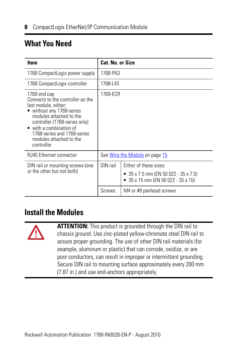 What you need, Install the modules, What you need install the modules | Rockwell Automation 1768-ENBT CompactLogix EtherNet/IP Communication Module Installation Instructions User Manual | Page 8 / 28