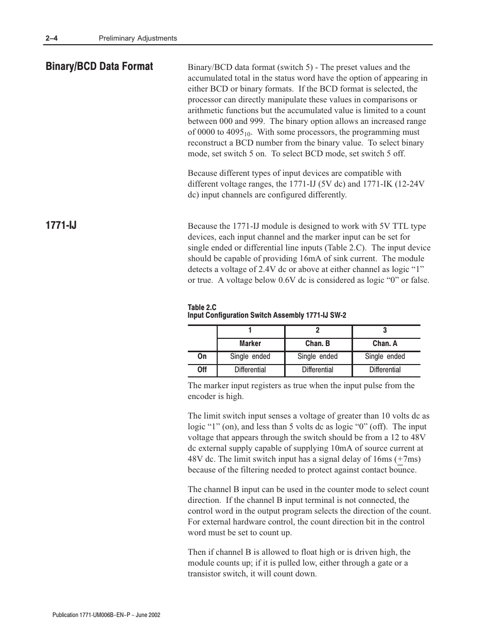 Binary/bcd data format 1771ćij | Rockwell Automation 1771-IJ_IK IK ENCODER/COUNTER MODULES User Manual | Page 16 / 68