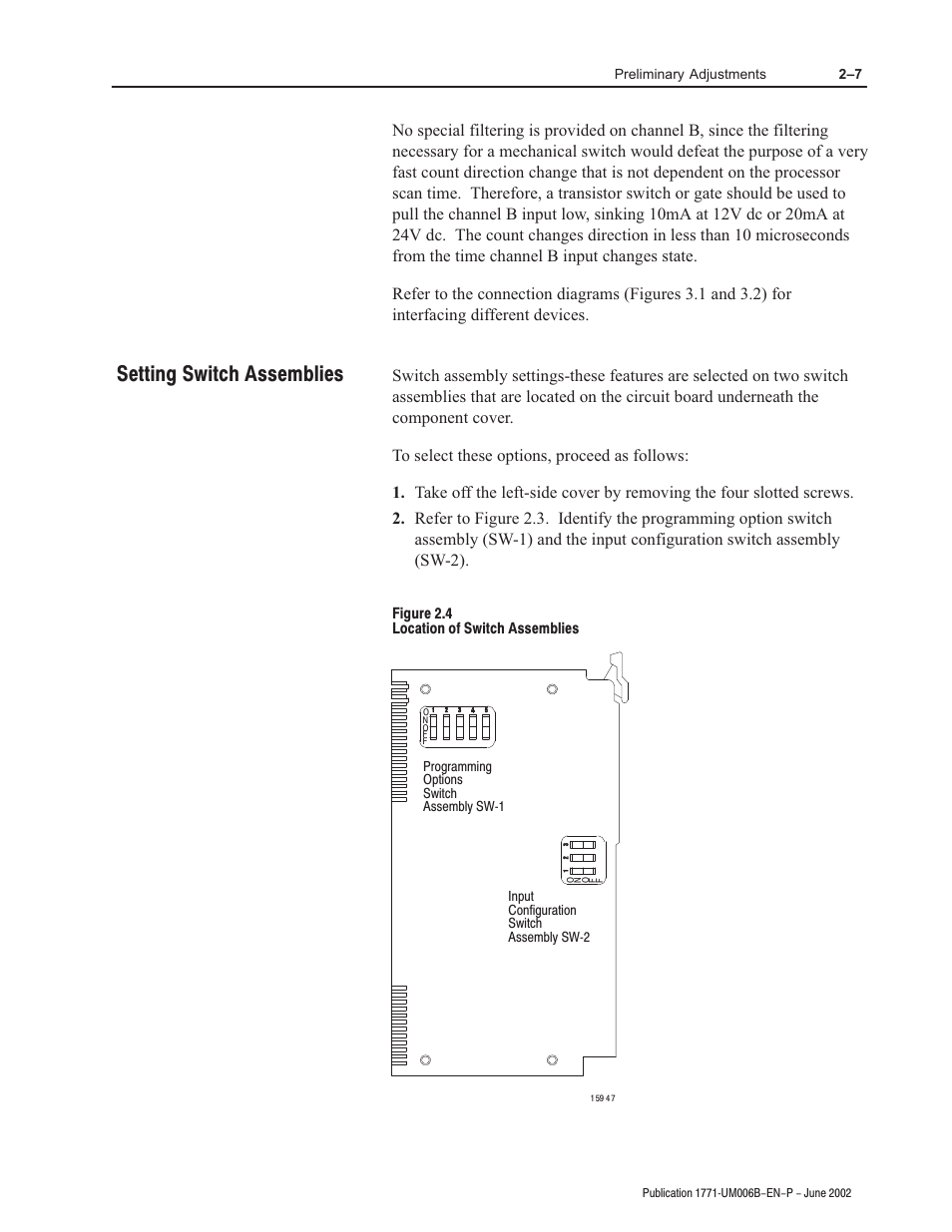 Setting switch assemblies | Rockwell Automation 1771-IJ_IK IK ENCODER/COUNTER MODULES User Manual | Page 19 / 68