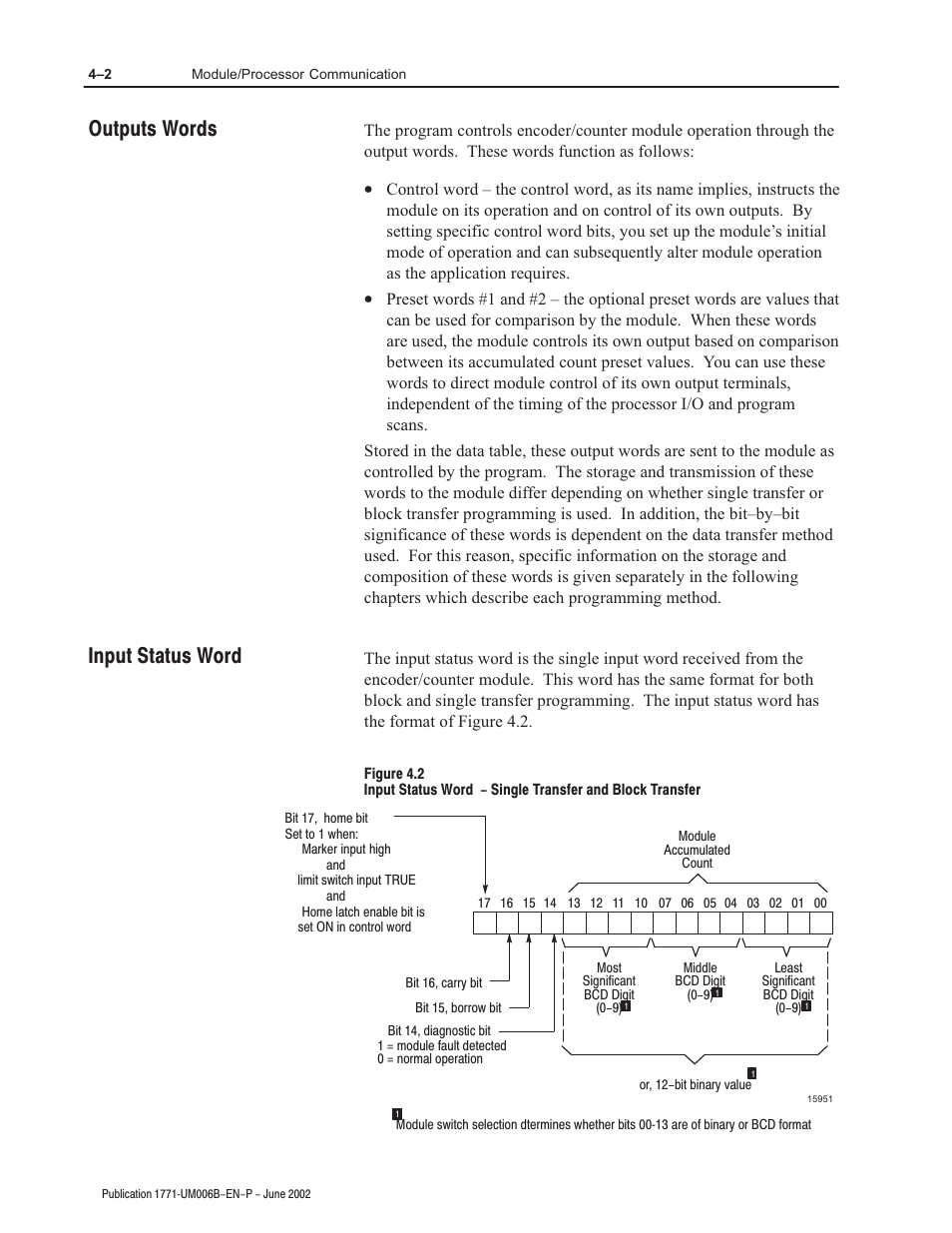 Outputs words input status word | Rockwell Automation 1771-IJ_IK IK ENCODER/COUNTER MODULES User Manual | Page 28 / 68