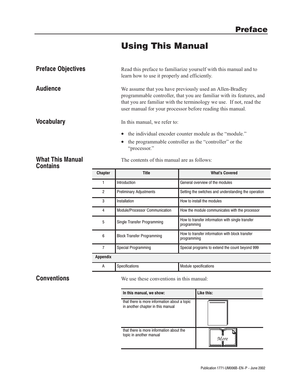 Using this manual, Preface | Rockwell Automation 1771-IJ_IK IK ENCODER/COUNTER MODULES User Manual | Page 3 / 68